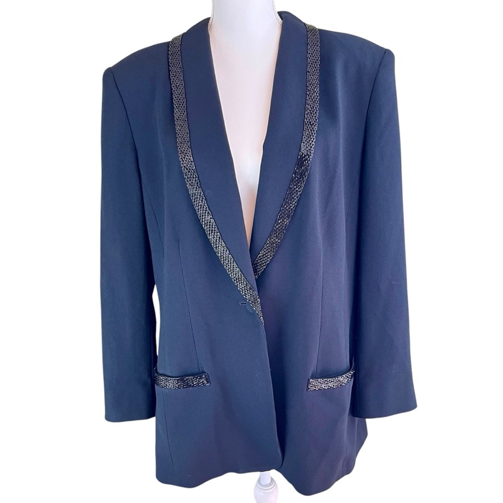 Vintage LIZ CLAIBORNE COLLECTION Black Beaded Blazer Jacket Sz 16 Cruise Tuxedo